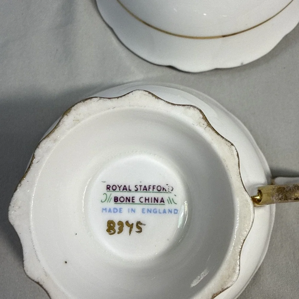 Vintage Royal Stafford 8345 Bone China Teacups White Gold Floral Pair 2 England